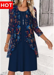 Navy Tummy Coverage Ditsy Floral Print Dress and Cardigan