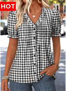 Black Plaid Tummy Coverage Short Sleeve V Neck Blouse