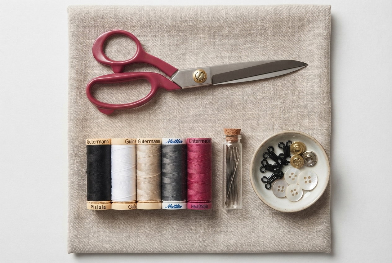 Assorted professional sewing threads, tailor needles, shears, and clothing fasteners arranged neatly