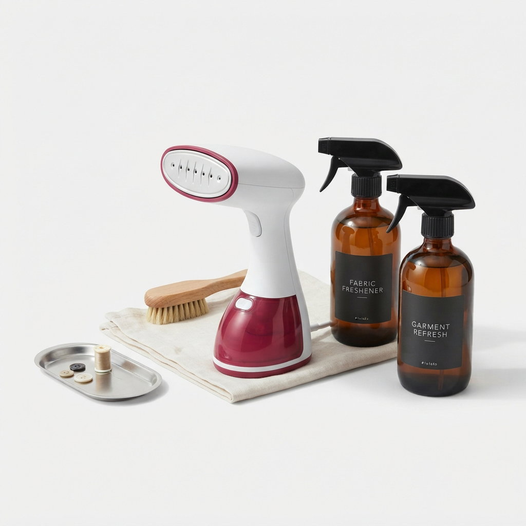 Crisp studio product photograph of professional handheld garment steamer, fabric care spray bottles, and laundry care essentials on pure white background