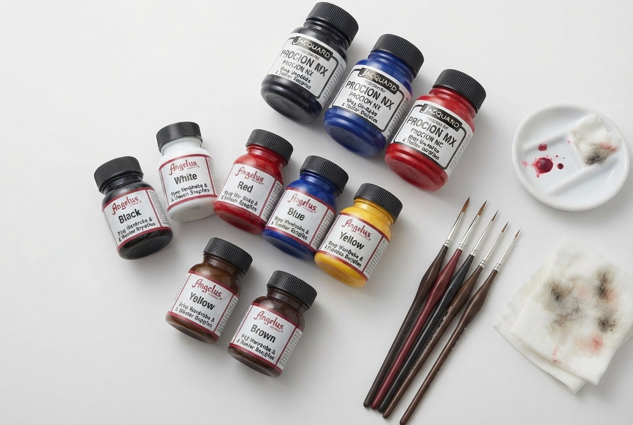 Selection of professional leather paints, fabric dyes, and precision detail brushes on a studio backdrop