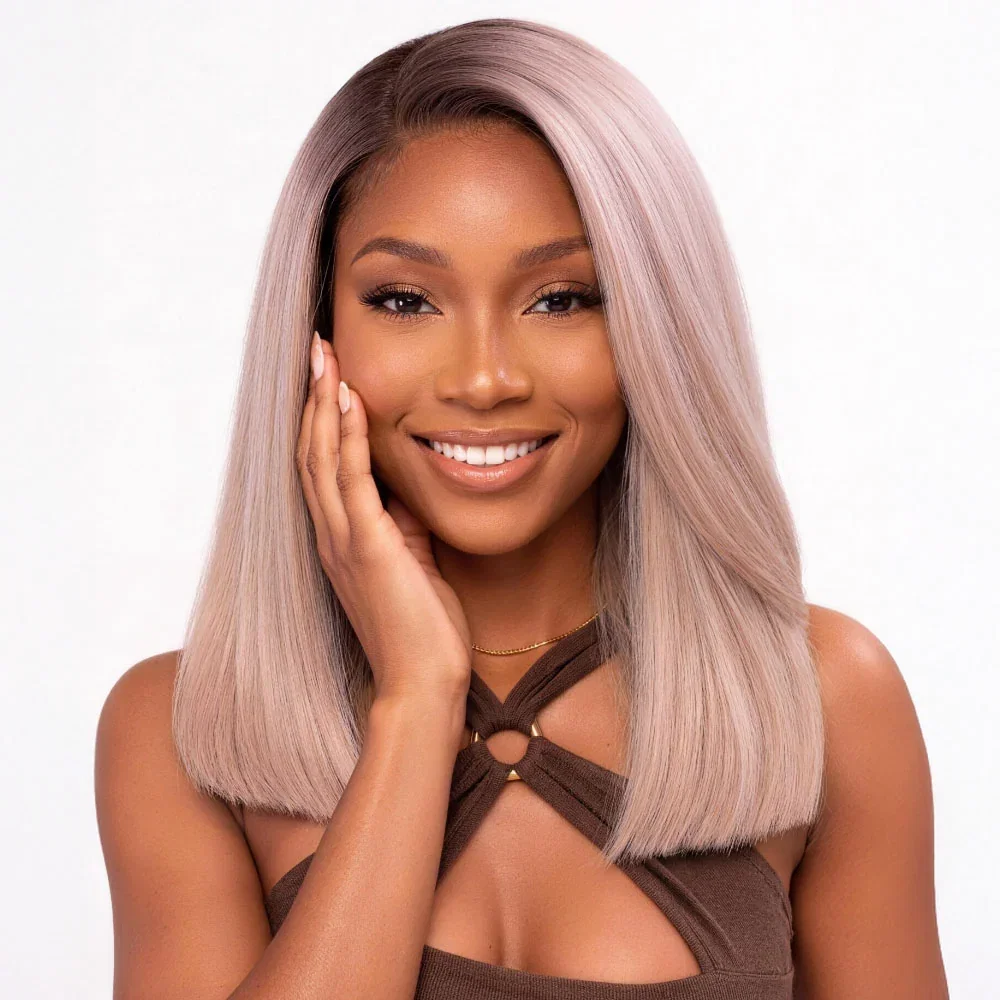Megalook 6x5 Invisible Knots Ash Blonde Ombre Straight Bob Wigs With Pre-Cut Lace Natural Hairline