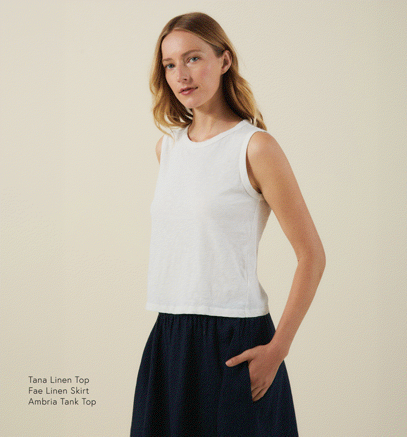 Image shows a model wearing the Denise Top in Beach with the Franny Pants in Beach, styled with coordinating accessories.