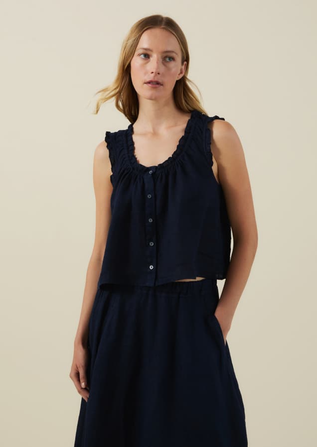 Image shows a model wearing the Tana Top in Navy.