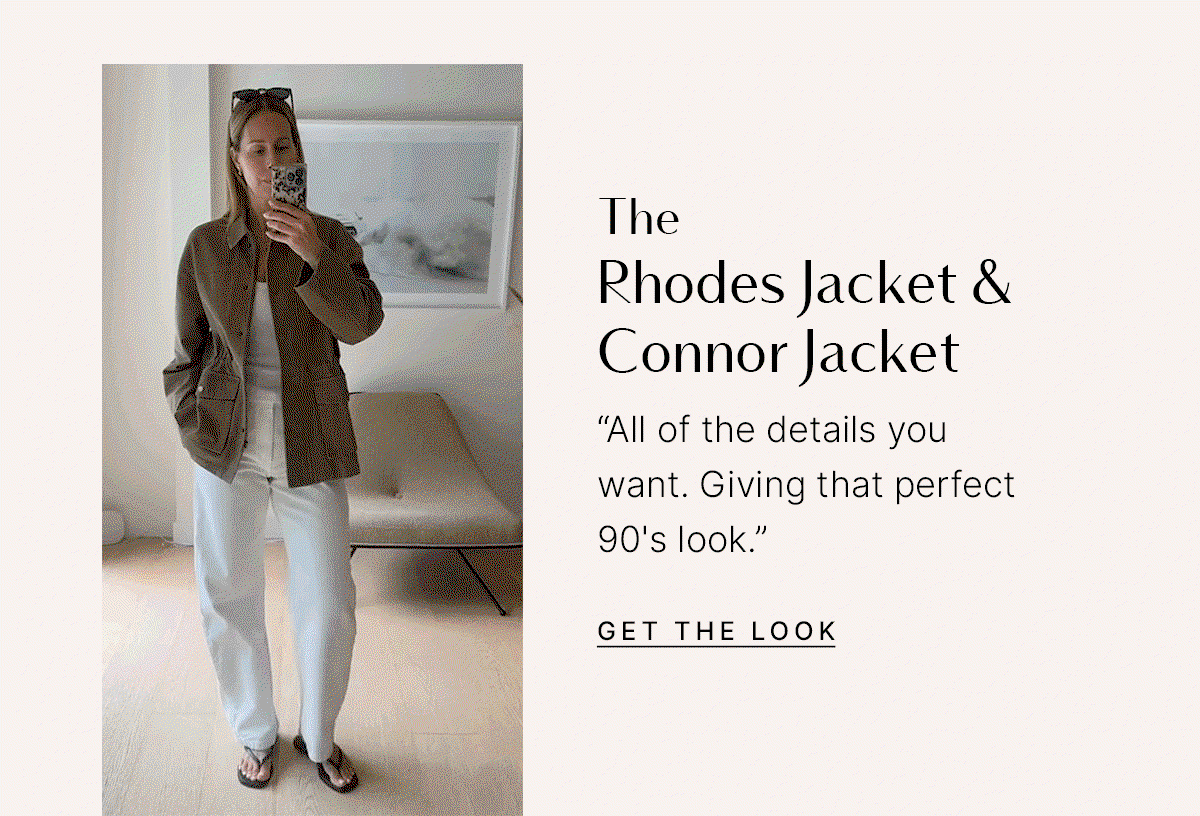 GIF of Carla styling the Rhodes and Connor jackets. Text: "All of the details you want. Giving that perfect 90's look."
