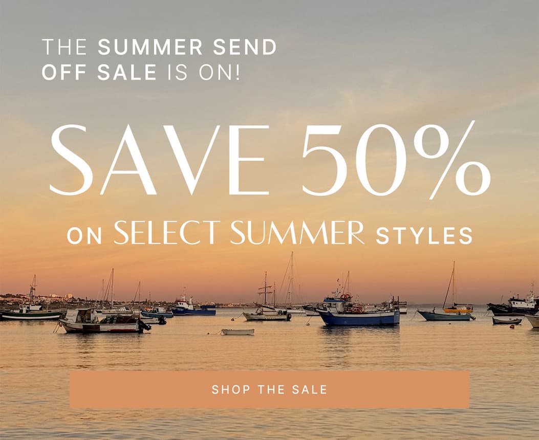 Summer Send Off Sale banner over a harbor at sunset. Text: Save 50% on select summer styles. Shop the Sale.