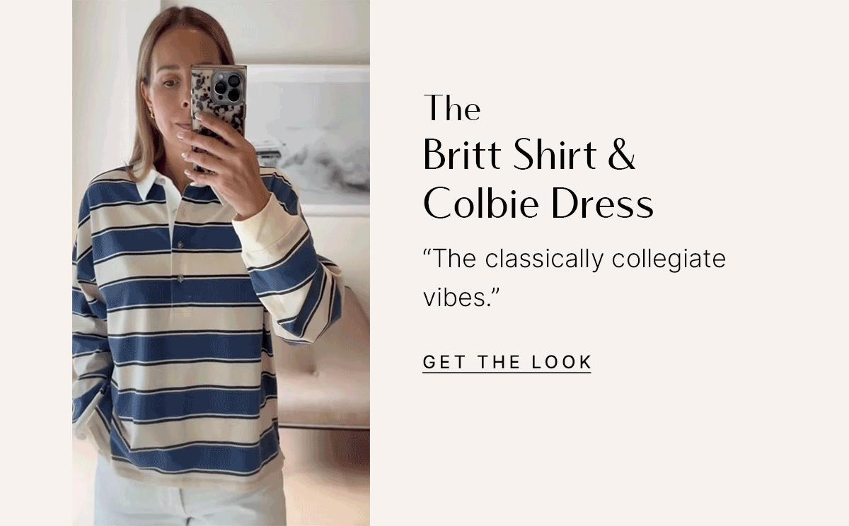 GIF of Carla wearing the Britt Shirt and Colbie Dress. Text: "The classically collegiate vibes."
