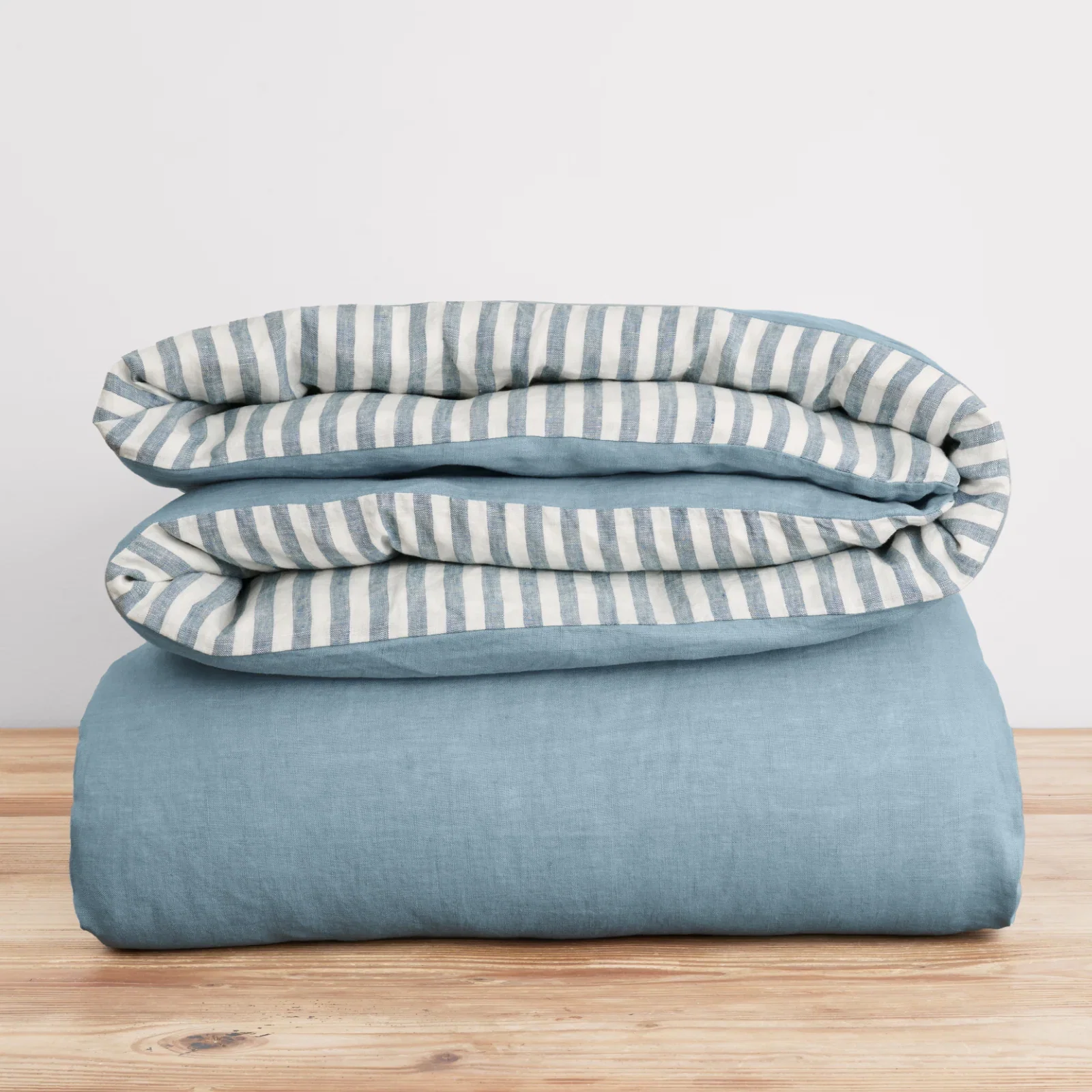 French Flax Linen Double Sided Quilt Cover in Marine Blue/Marine Blue Stripe