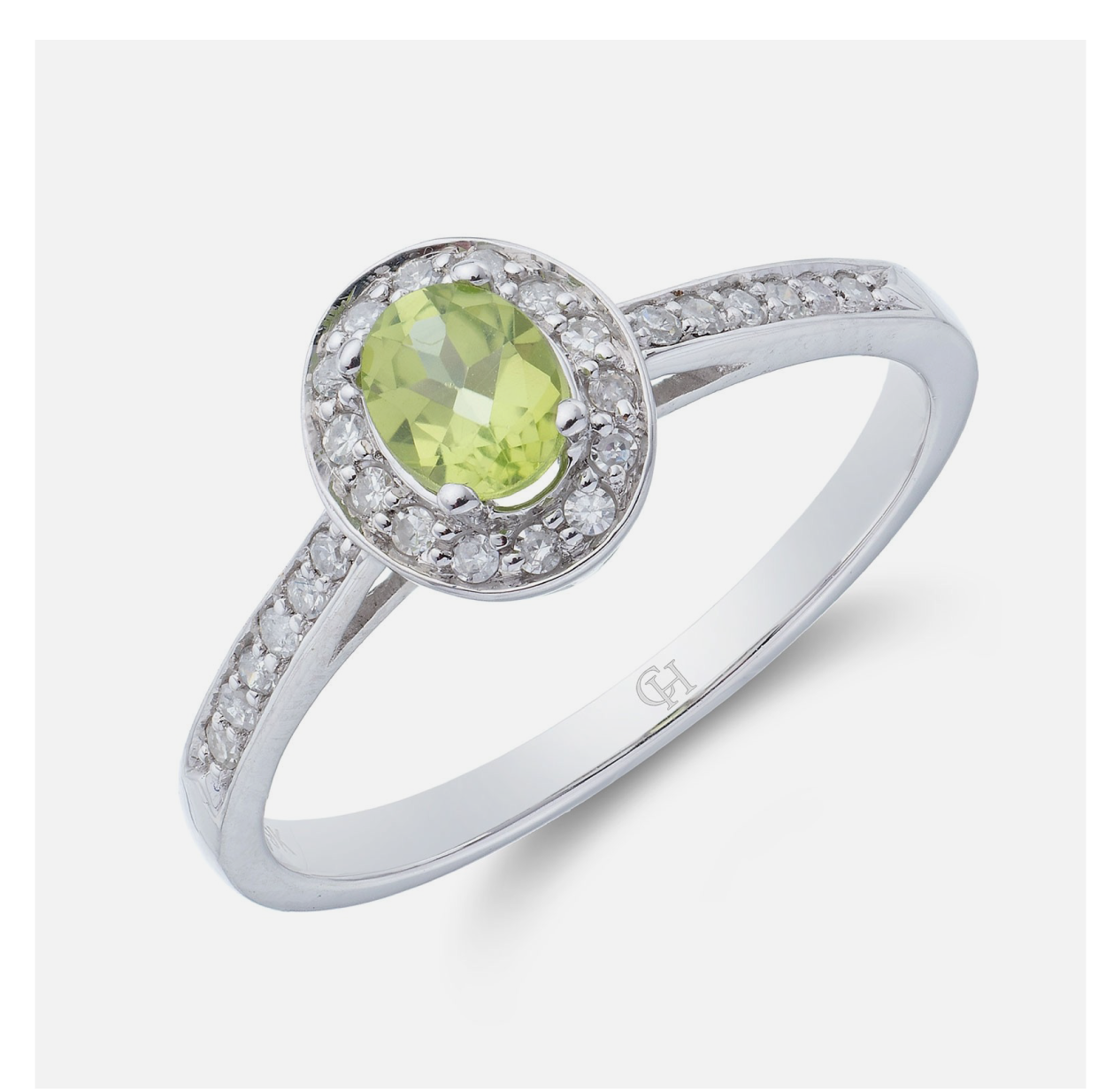 9ct White Gold Solitaire Oval Cut Peridot and Diamond 0.53ct Halo Ring
