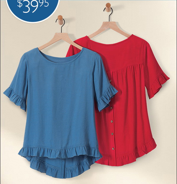 An image promoting shirts and tunics at NorthStyle featuring two short-sleeved tops starting at $39.95 and a model wearing a colorblock tunic with leggings.