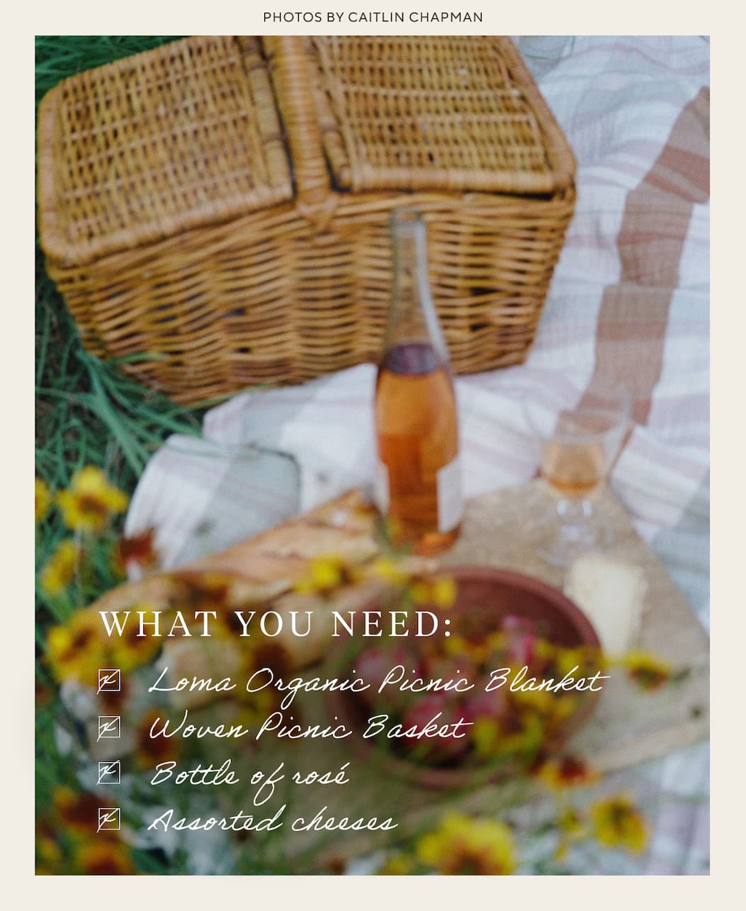 What You Need: (can we make these checkmarks @C Cho) Loma Organic Picnic Blanket Woven Picnic Basket Bottle of rosé  Assorted cheeses