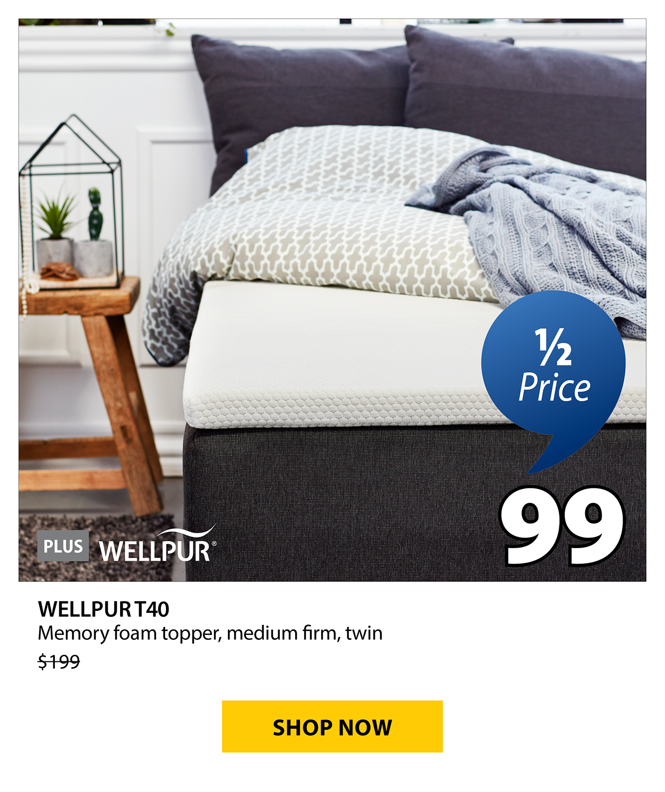 WELLPUR T40 Memory foam topper | 1/2 Price
