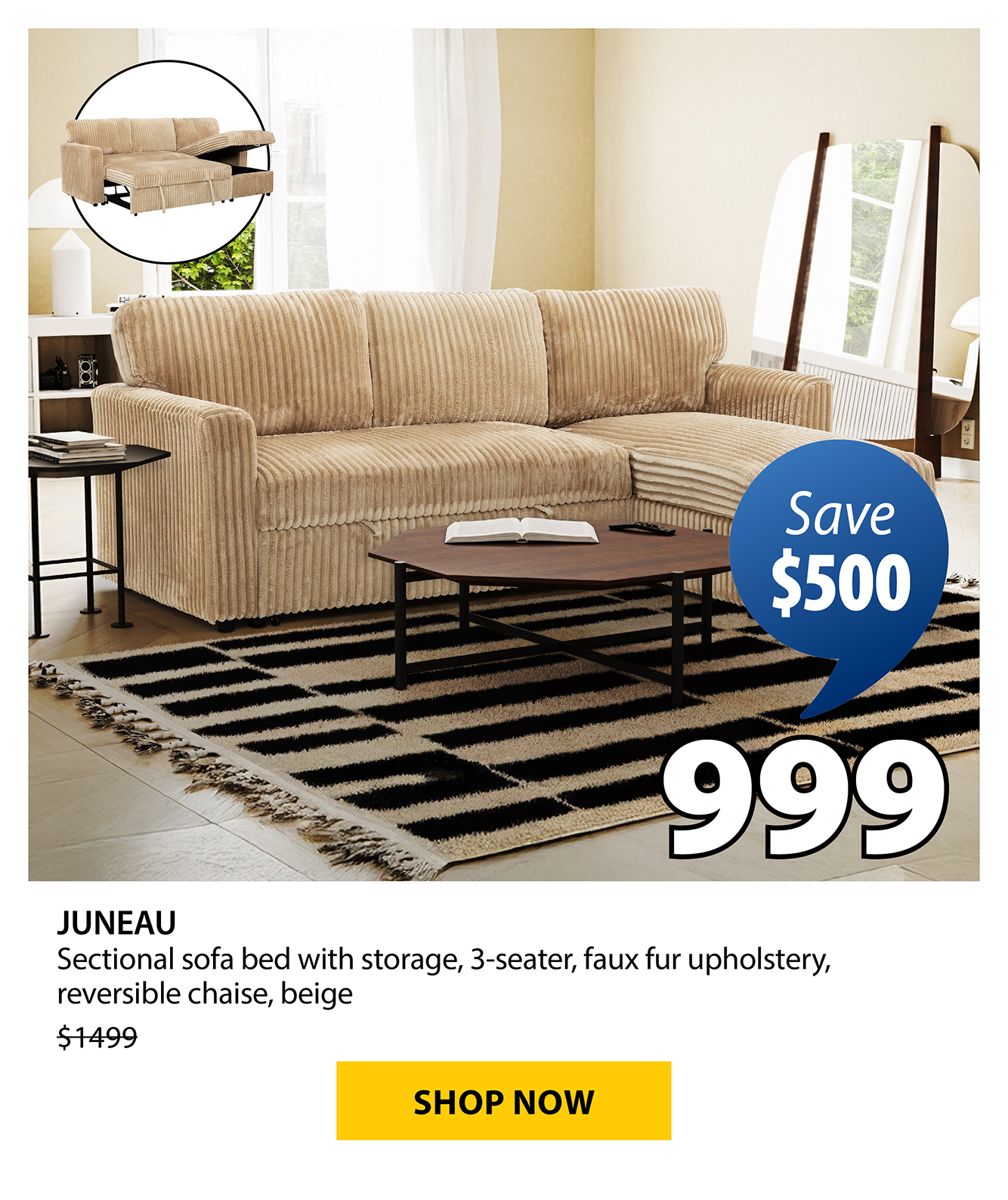 JUNEAU Sectional sofa bed with storage | Save $500