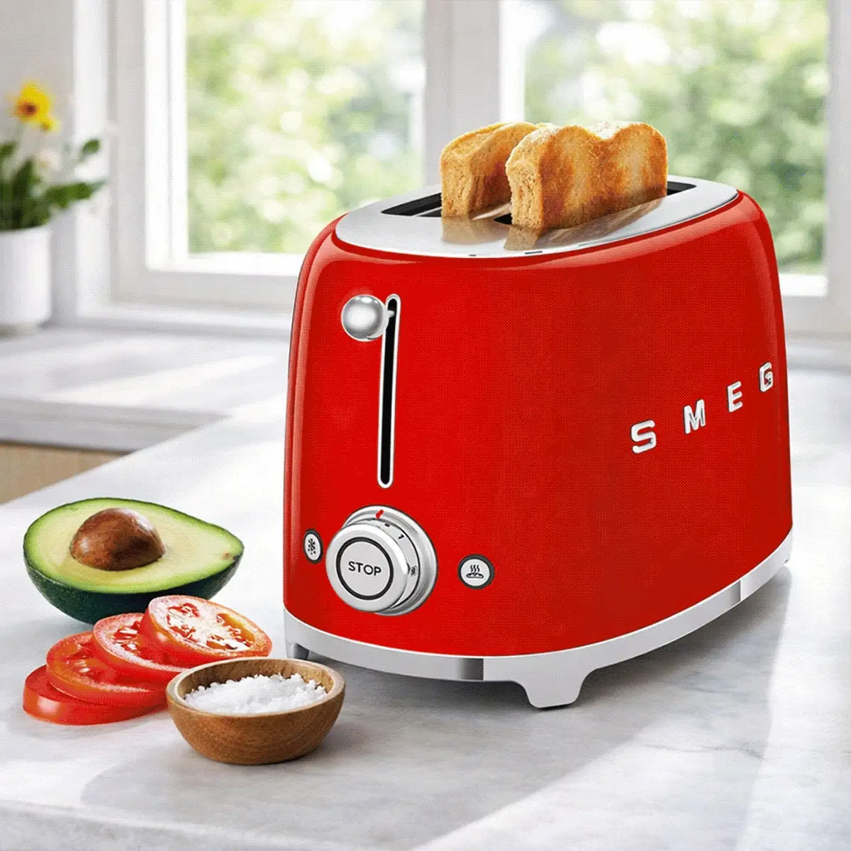 Red SMEG toaster with two slices of toast popping up, surrounded by fresh avocado, tomato slices, and salt on a kitchen counter.