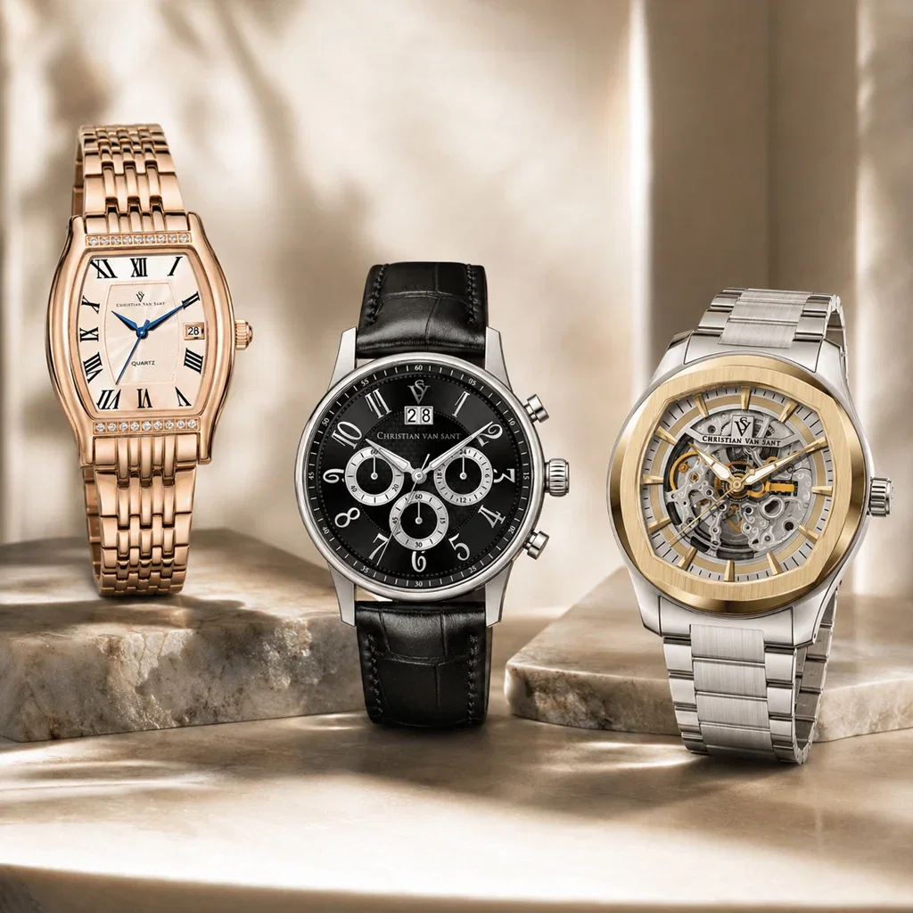 Three luxury watches from Christian Van Sant displayed on stone platforms: rose gold tonneau, black chronograph, and silver skeleton dial models.