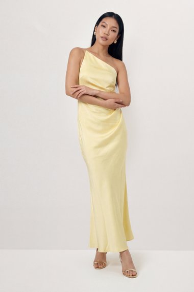 Satin Asymmetric Strap Pleated Waist Low Back Maxi Bridesmaid Dress