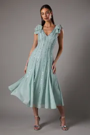 Bow Shoulder Embellished Midi Dress