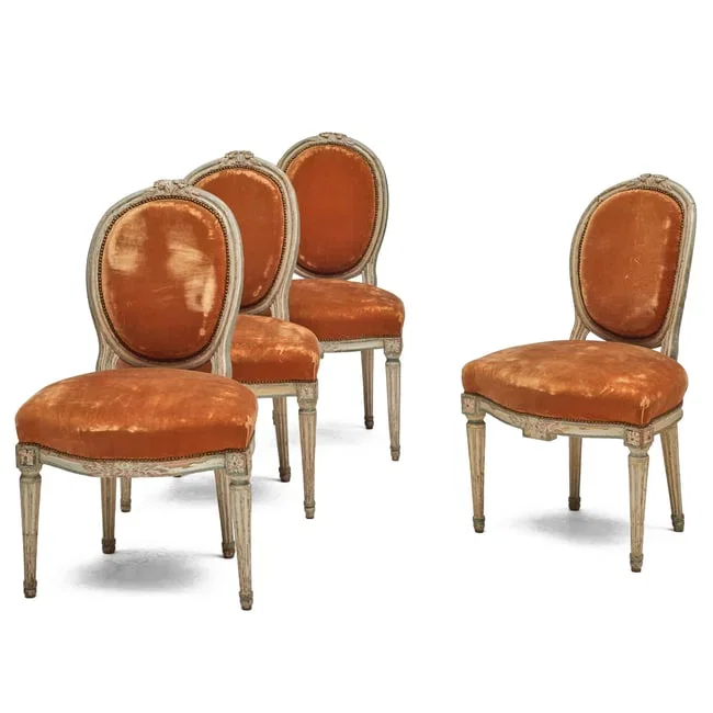 Set of Four Louis XVI Cream and Polychrome Painted Velvet Upholstered Chaises en Cabriolet