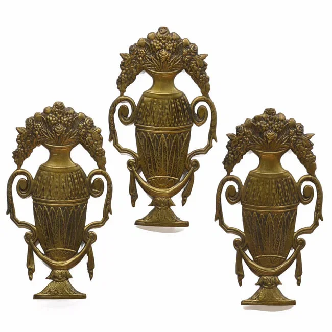 Group of Three Brass Flower-Filled Urn Form Wall Plaques