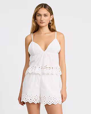 Cotton Eyelet Embroidered High Waisted Pull On Shorts