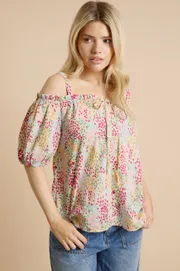 Multi Tie Front Cold Shoulder Long Sleeve Top