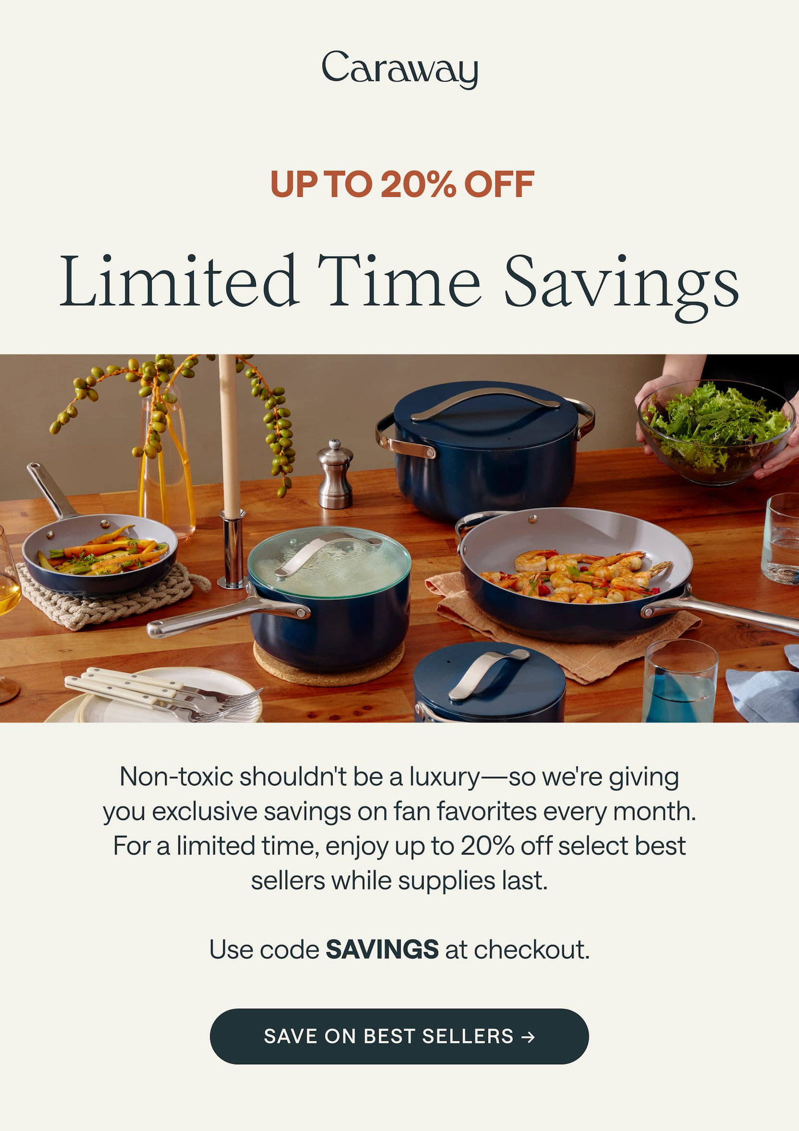 UP TO 20% OFF Limited Time Savings Non-toxic shouldn't be a luxury—so we're giving you exclusive savings on fan favorites every month. For a limited time, enjoy up to 20% off select best sellers while supplies last.  Use code SAVINGS at checkout. Save on Best Sellers →