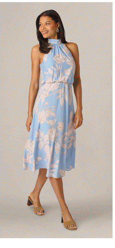 Floral Chiffon Blouson Halter Midi Dress In Blue Ivory
