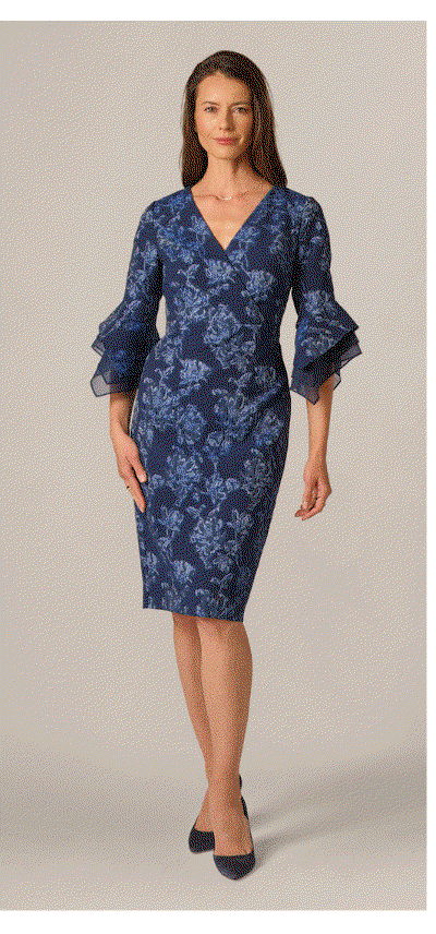 Floral Jacquard Bell Sleeve Sheath Dress In Navy Sateen