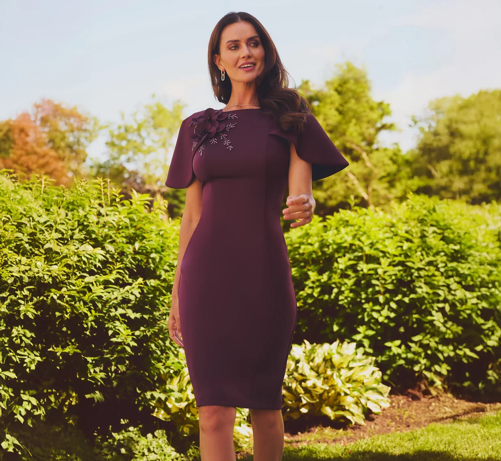 Image of Cape Sleeve 3D Floral Stretch Sheath Dress In Pinot Noir
