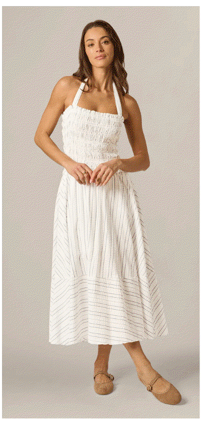 Smocked Seersucker Halter Midi Dress In Ivory Multi