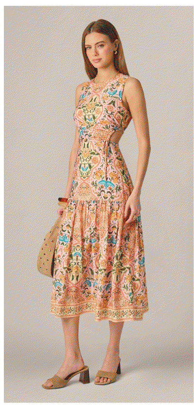 Floral Printed Cutout Drop Waist Midi Dress In Peach Multi