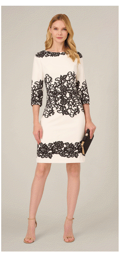 Scroll Lace Midi Dress With Three Quarter Sleeves In Ivory Black