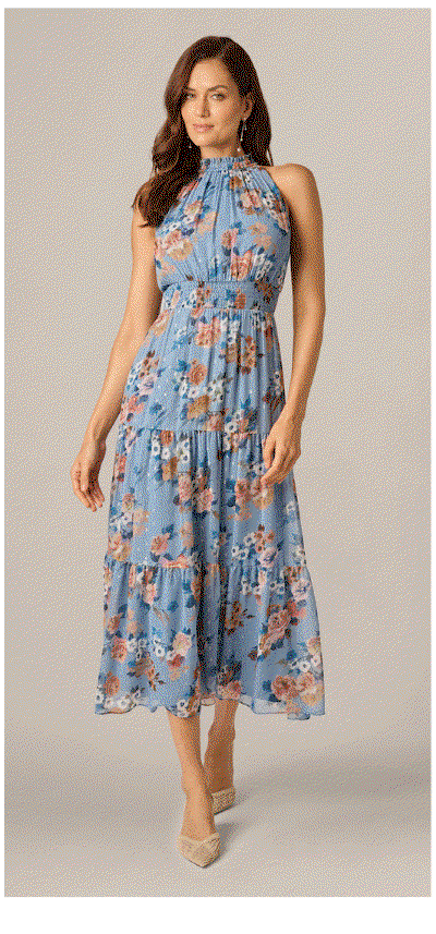 Floral Meta Chiffon Tiered Halter Midi Dress In Blue Multi
