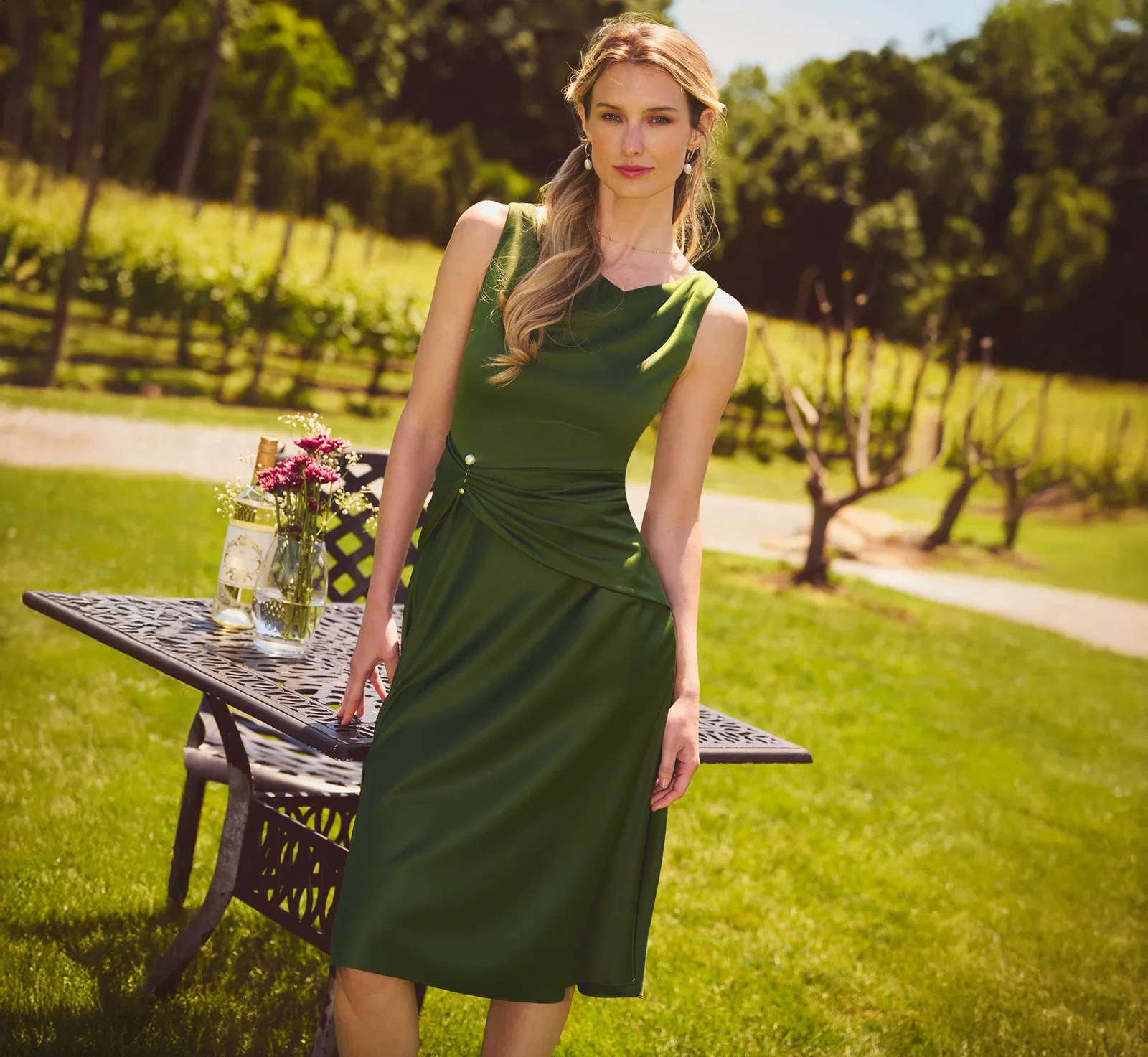 Image of Satin Cowl Neck Draped Midi Dress In Olive Cypress