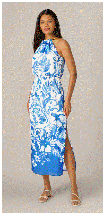 Scroll Print Chain Halter Midi In Ivory Blue