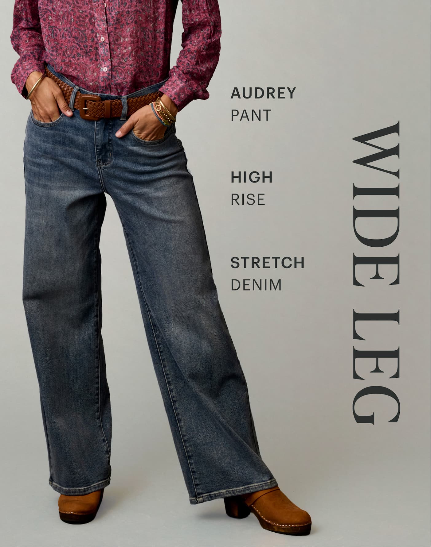 Wide Leg: Audrey Pant, High Rise, Stretch Denim. Woman in Audrey Pant in studio image. 