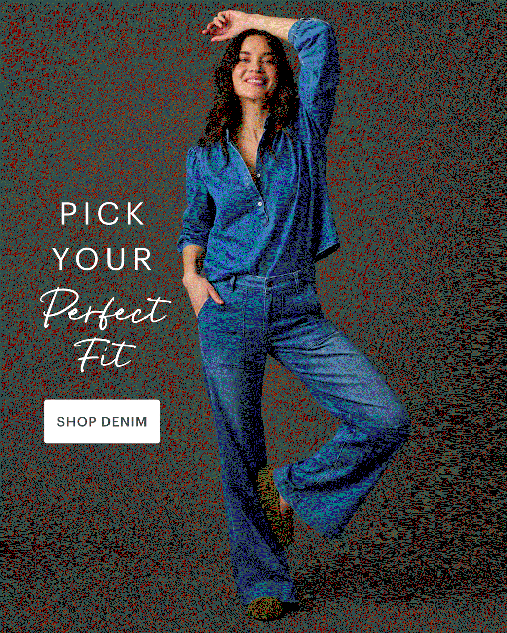 Pick Your Perfect Fit - Shop Denim. Women in different styles of denim in studio images. 