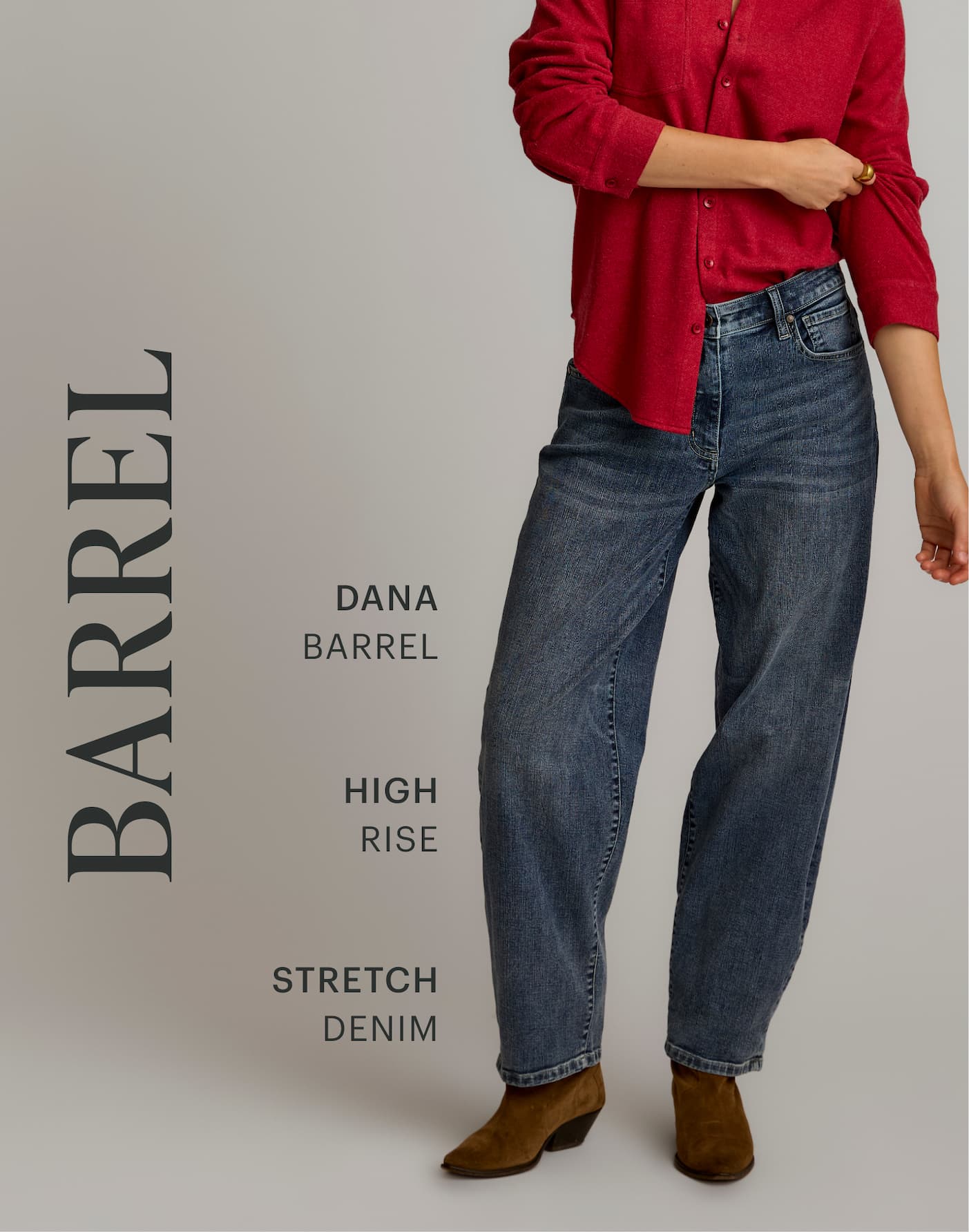 Barrel: Dana Barrel, High Rise, Stretch Denim. Studio image of woman in Dana Pant