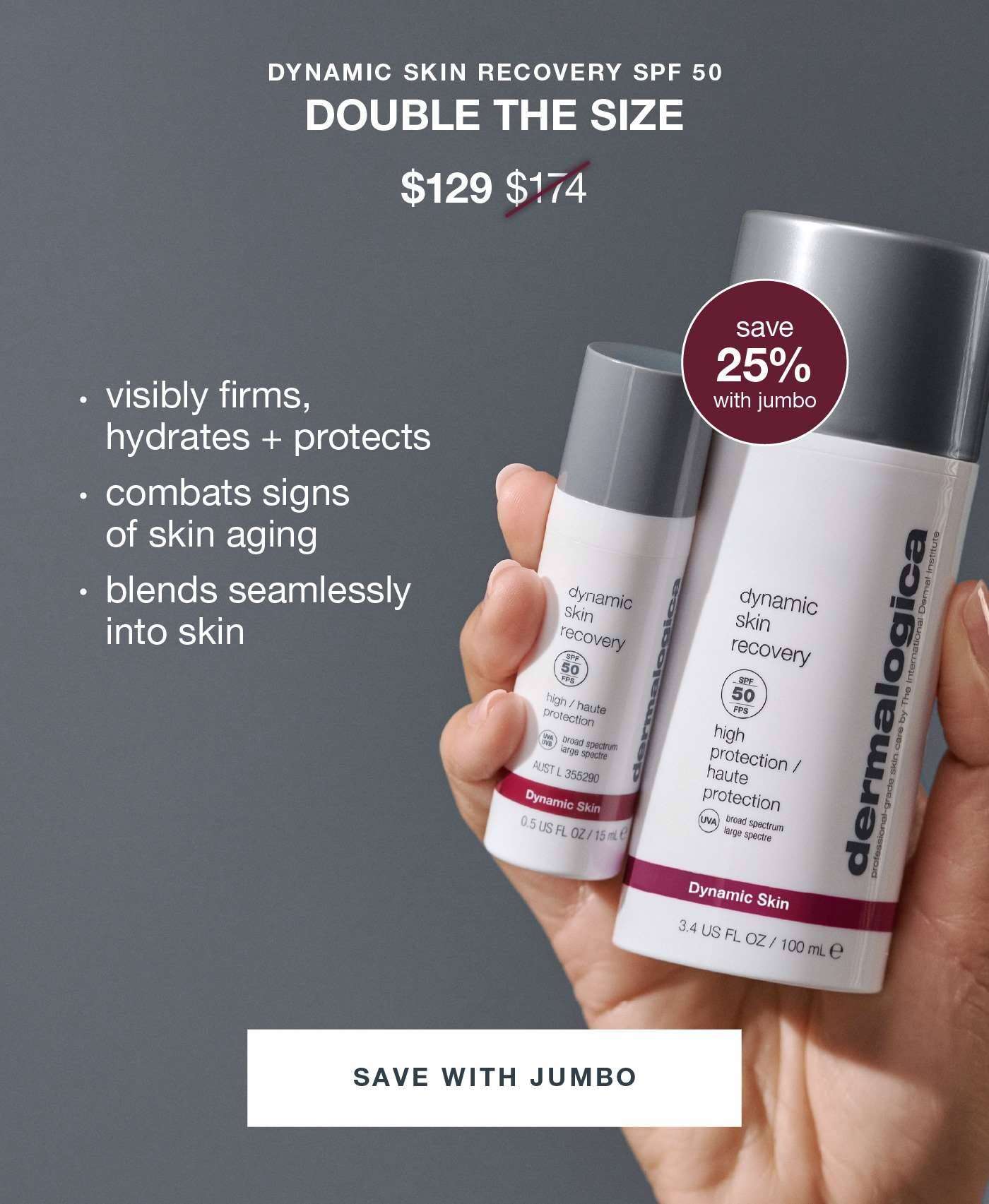 dynamic skin recovery spf 50 ​  "Glad to have this jumbo size to be more cost effective."​  – Linda, verified buyer ​  $129 $174