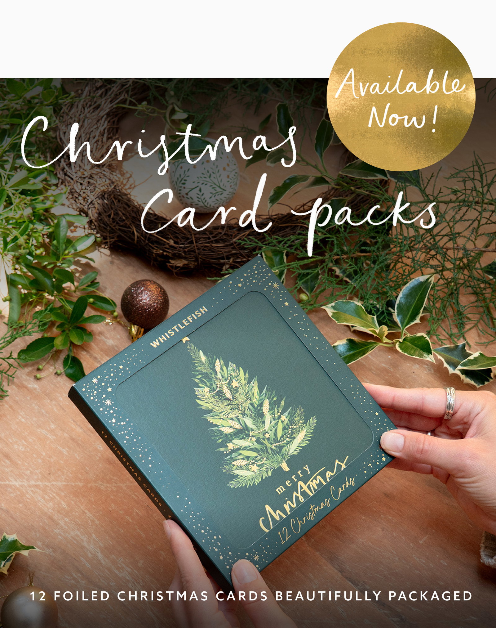 Whistlefish Christmas card pack in a dark green presentation box, surrounded by festive foliage. Available now.