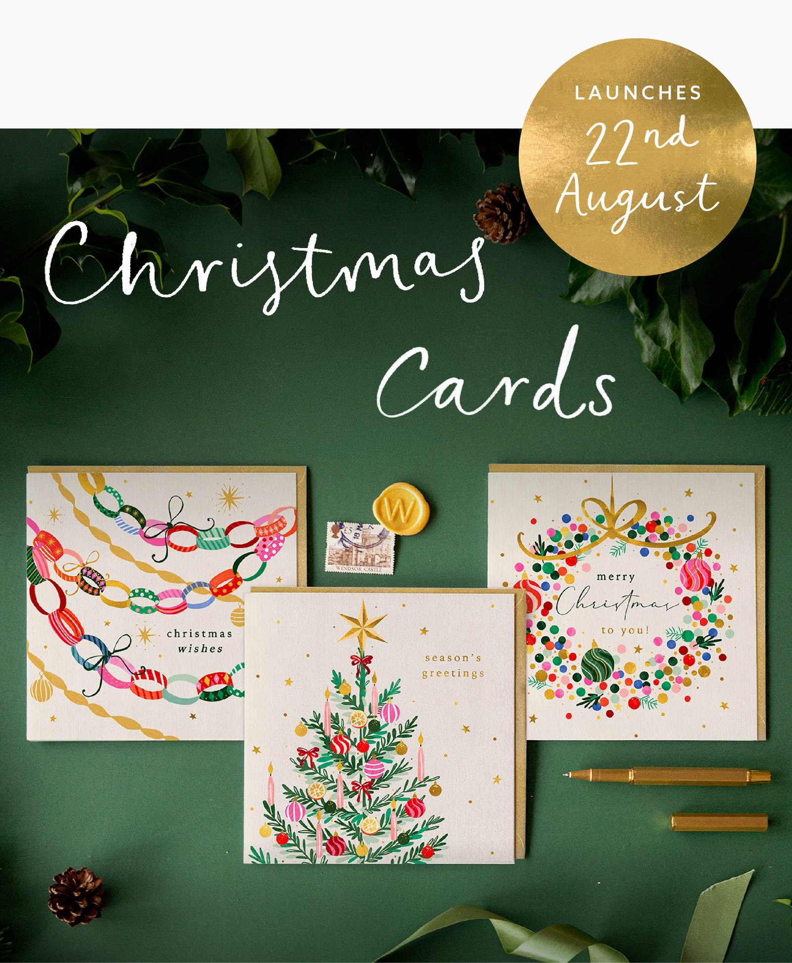 Three colourful Whistlefish Christmas cards on a deep green background. The 2026 Christmas collection launches on 22 August.