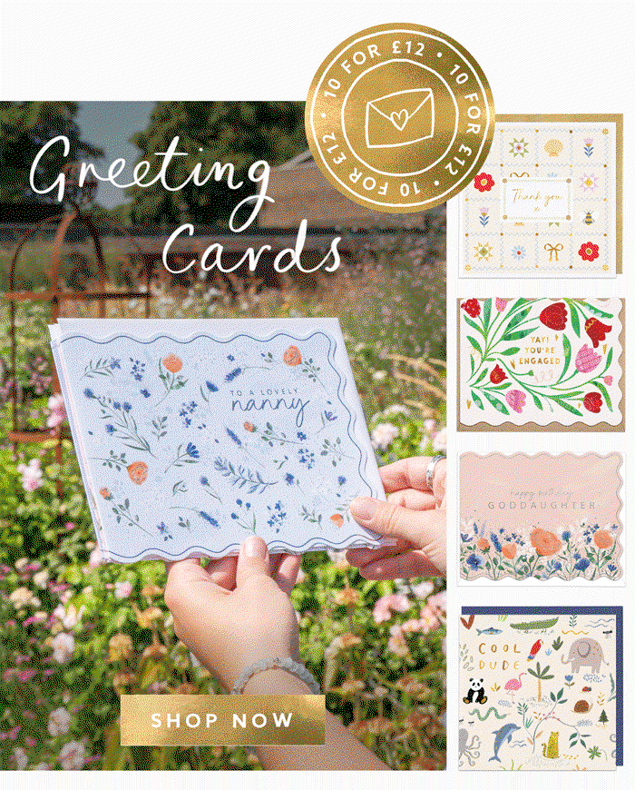 A selection of illustrated Whistlefish greeting cards photographed in a flower garden. Choose any 10 cards for £12.