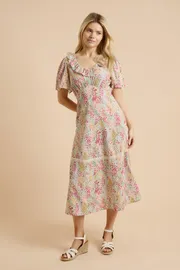 Pink Floral Angel Sleeve Frill Neckline Lace Trim Midaxi Dress