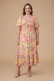 Plus Floral Poplin Twist Front Midi Dress