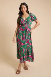 Petite Palm Shirred Waist Tiered Hem Midi Dress