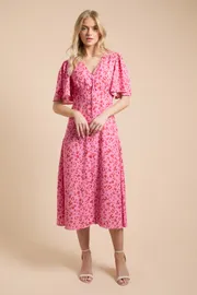 Animal Button Front Angel Sleeve Tie Back Midi Dress