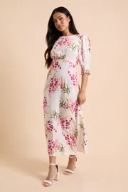 Petite Cream Floral Shirred Cuff Midi Dress