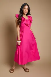 Petite Frill Neckline Lace Detail Printed Midi Dress