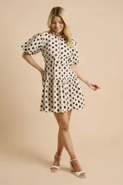 Mono Spot Puff Sleeve Dropped Waist Shirt Mini Dress