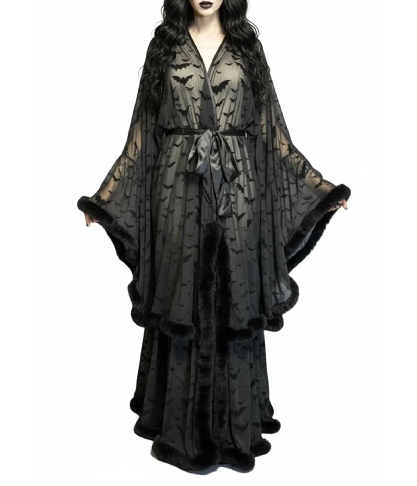 Image of Black Bat Print Faux Fur Sheer Robe